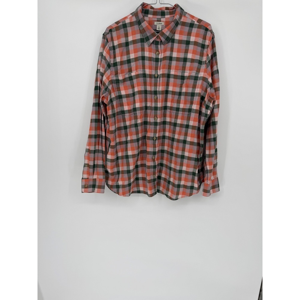 L.L.Bean Womens Shirt 100% Cotton Plaid Orange Green XL Regular